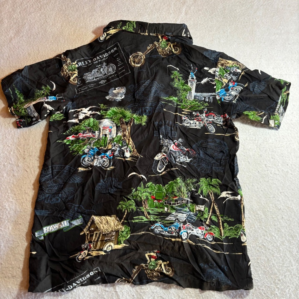 Harley Davidson Boys Hawaiian Button Up Shirt Black Motorcycles Palm Trees Aloha - Picture 7 of 8